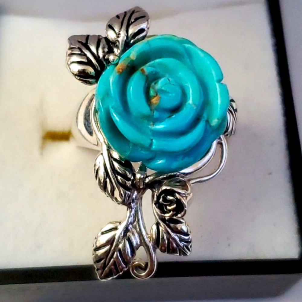 Sterling Silver 925 'Beauty and the Beast' Turquoise Rose Ring